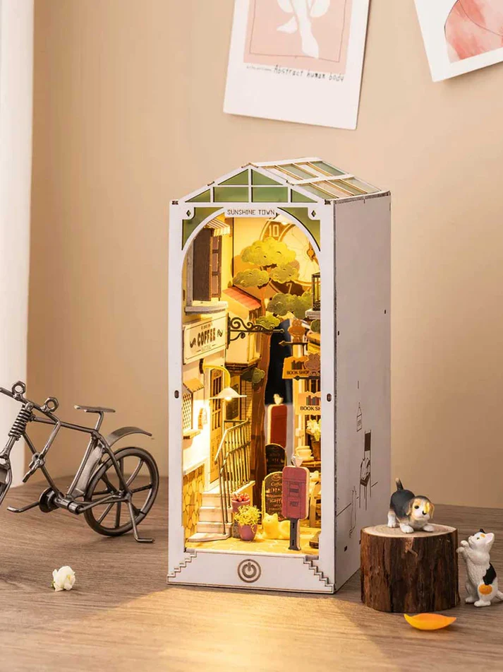 Robotime Rolife Sunshine Town Wooden Puzzle DIY Book Nook Dollhouse with LED Light