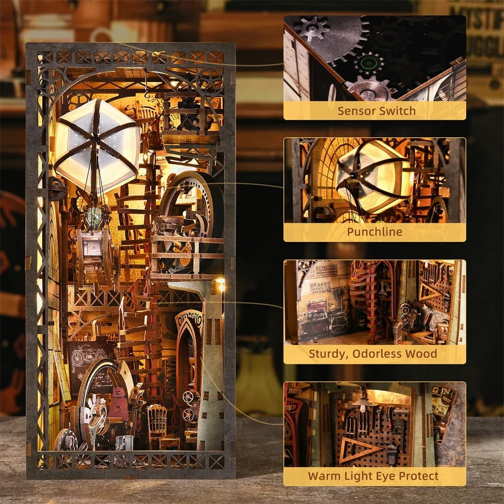 DIY wooden book nook workshop model with detailed tools and shelves