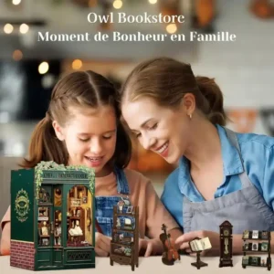 Cutebee Owl Bookstore doll house with miniature bookshelves and furniture details