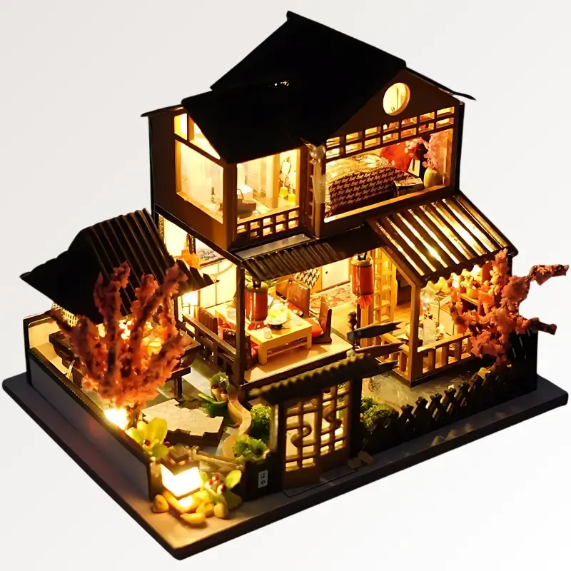 Mini Wooden Dollhouse DIY Kit with Furniture and Lights Miniature House Model Gift