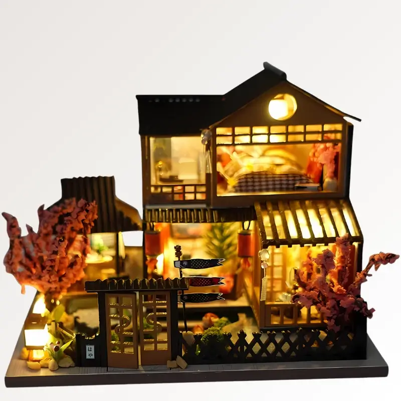 Mini Wooden Dollhouse DIY Assembly Kit with Furniture and Light Casa Miniature Model