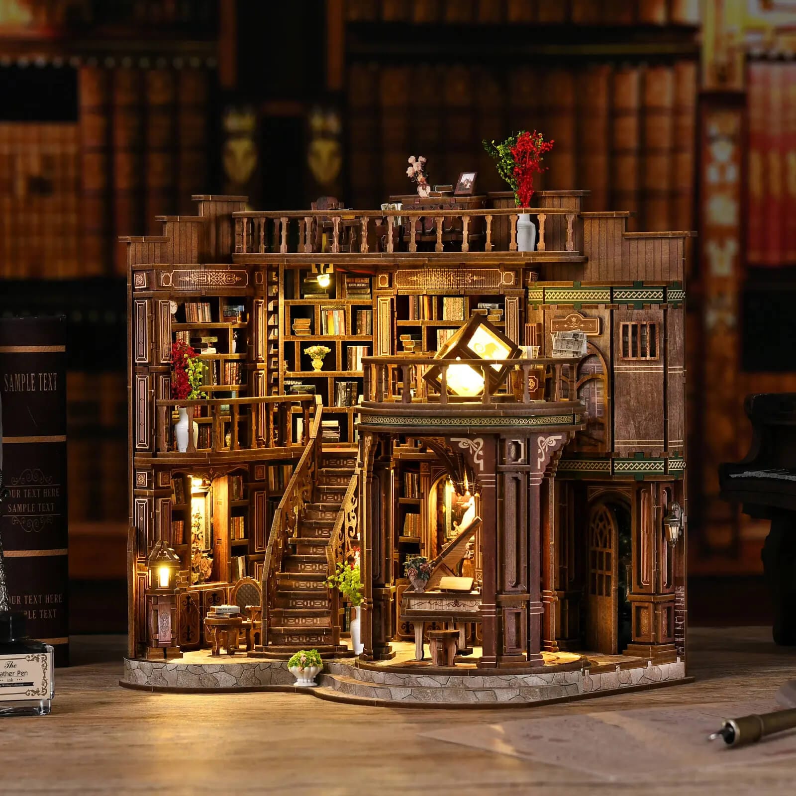 Detailed book house assembly with furniture ornaments