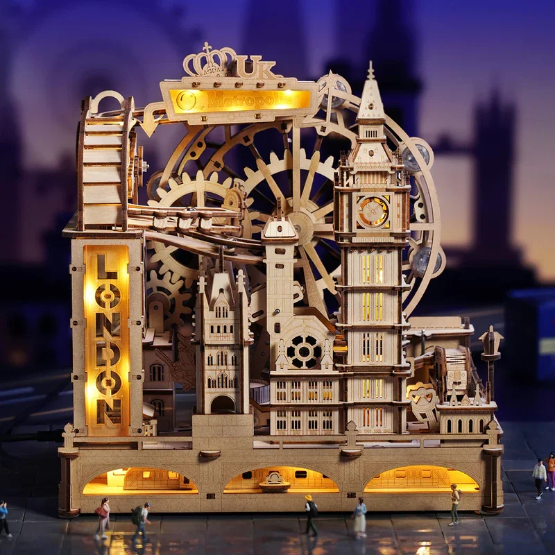 3D Wooden Puzzle – London City Marble Run Building Kit with Lights
