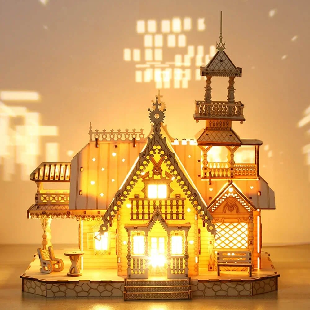 Detailed wooden villa castle model kit with lights β creative hobby toy