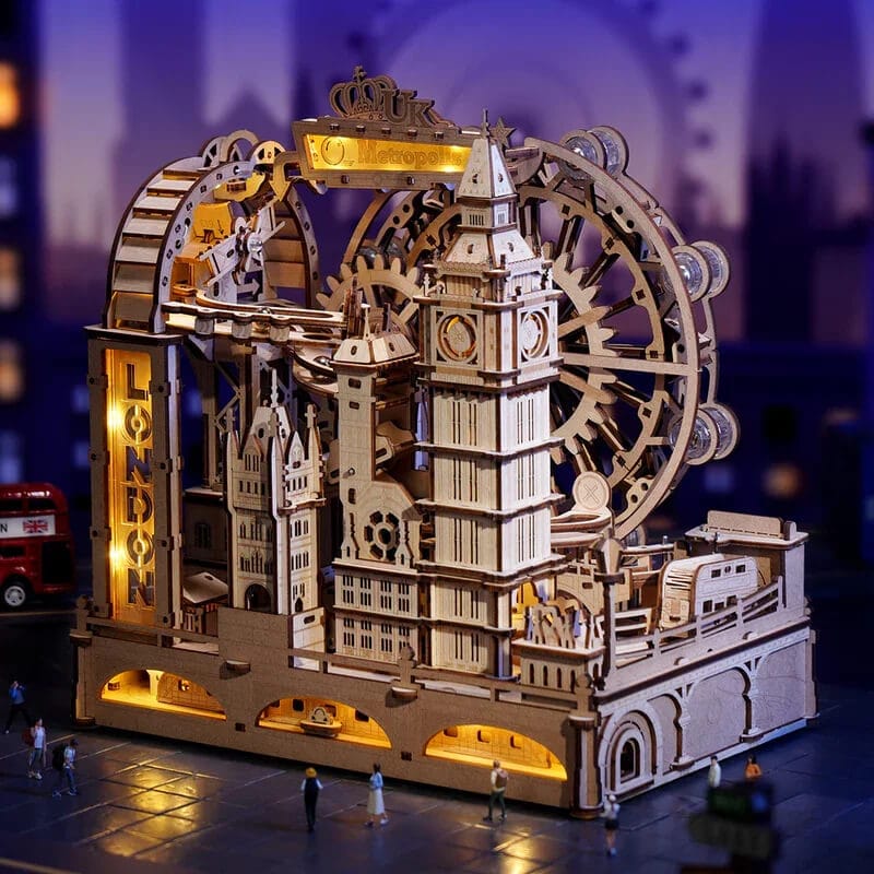 London skyline inspired mechanical wooden marble run model