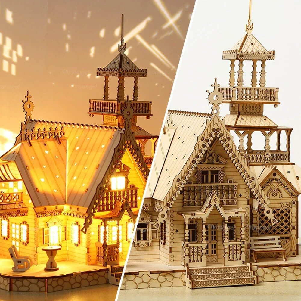 LED light wooden villa 3D puzzle β home decor miniature model