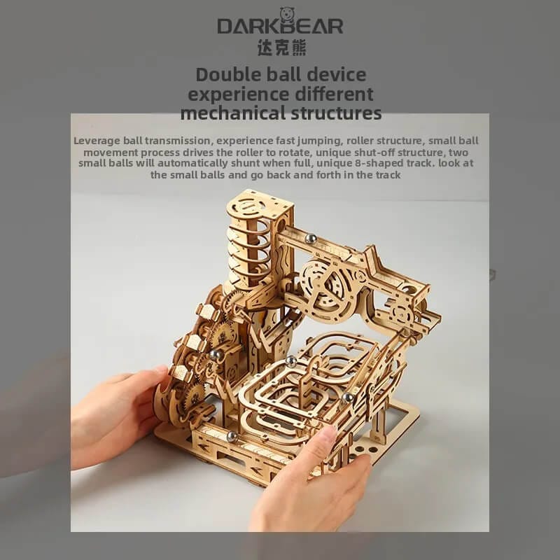 Assembled 3D wooden marble track device with moving gears