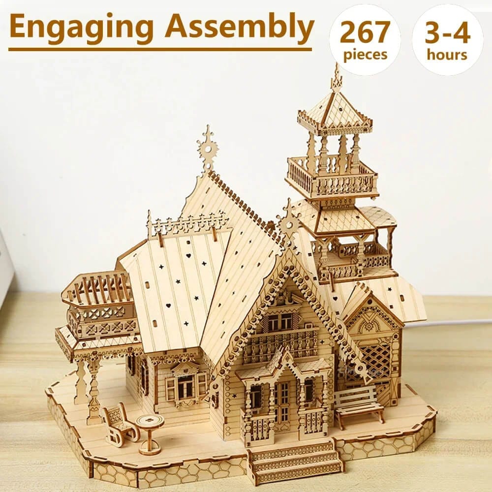 DIY 3D wooden villa model kit with LED lights β castle puzzle for adults and kids