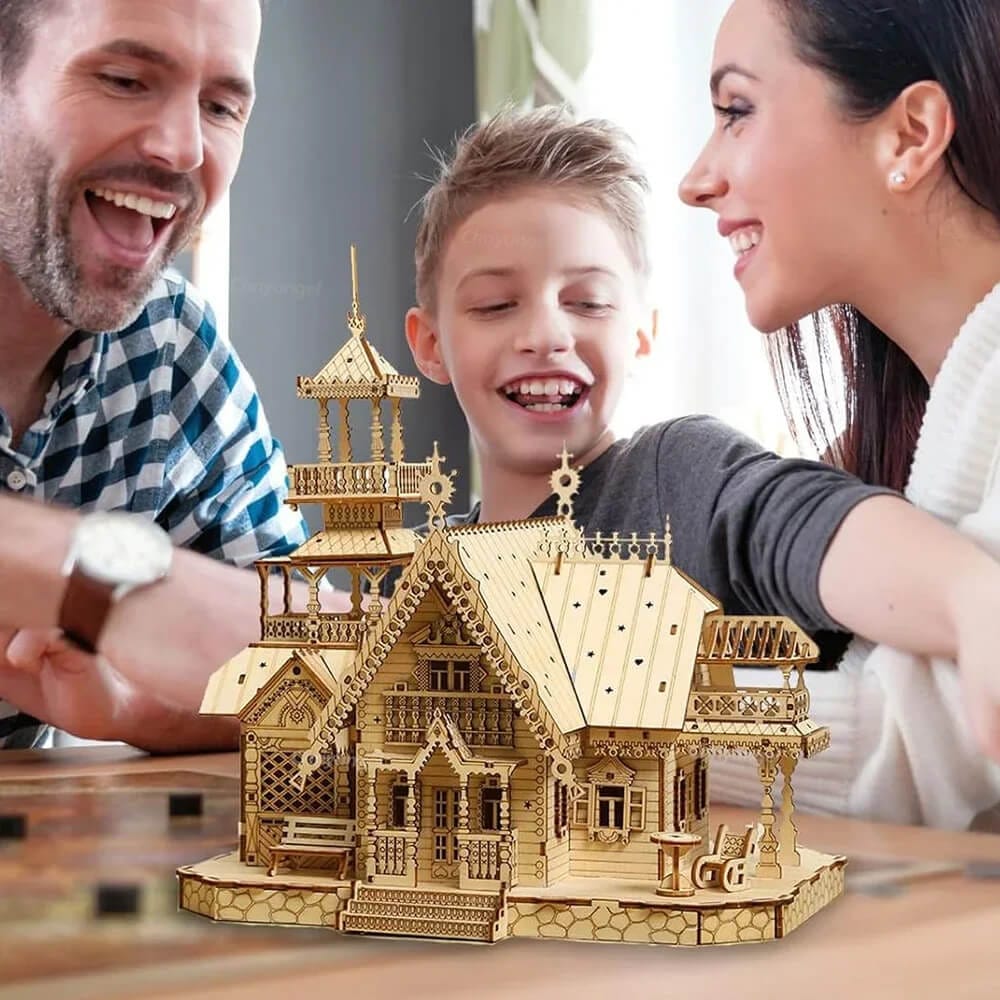 Handcrafted 3D wooden villa puzzle with LED lighting β DIY building kit
