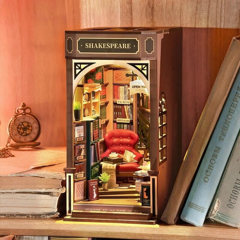 DIY miniature bookstore book nook with warm LED lighting