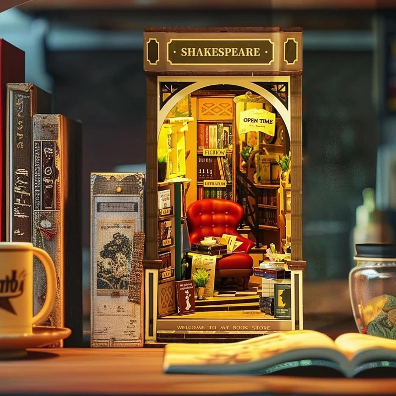 Rolife TGB07 book nook bookend model assembled on bookshelf