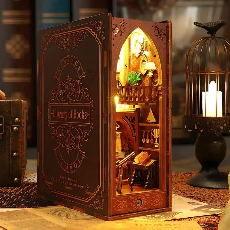 DIY Book Nook Kit 3D wooden puzzle miniature bookshelf insert with LED light