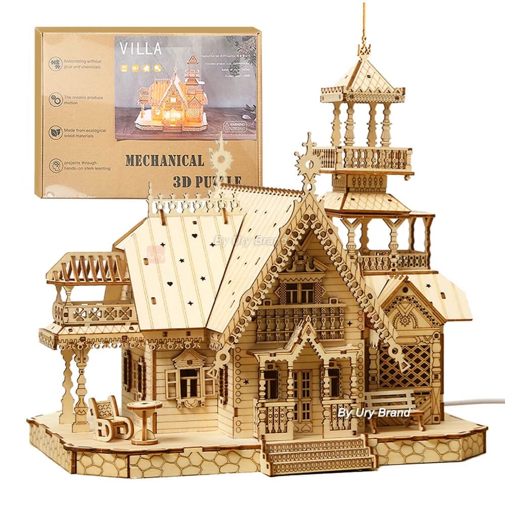 Detailed wooden villa castle model kit with lights – creative hobby toy